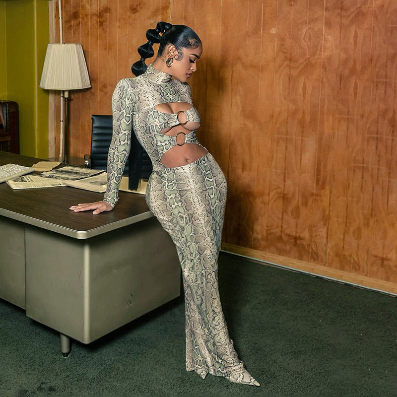 Printed Sexy Figure-hugging Long-sleeve Hollow-out Maxi Dress