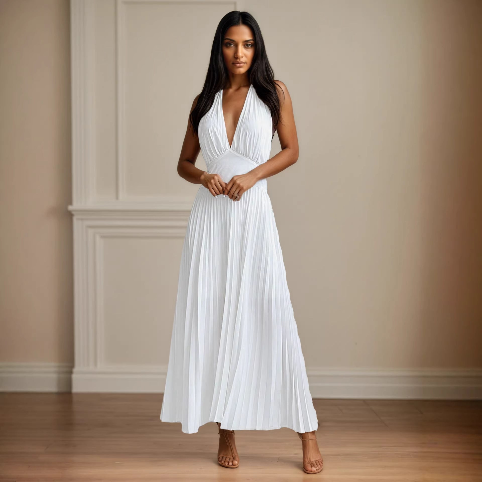 Neck Hanging Sleeveless Pleated Maxi Dress Flattering Backless Gown