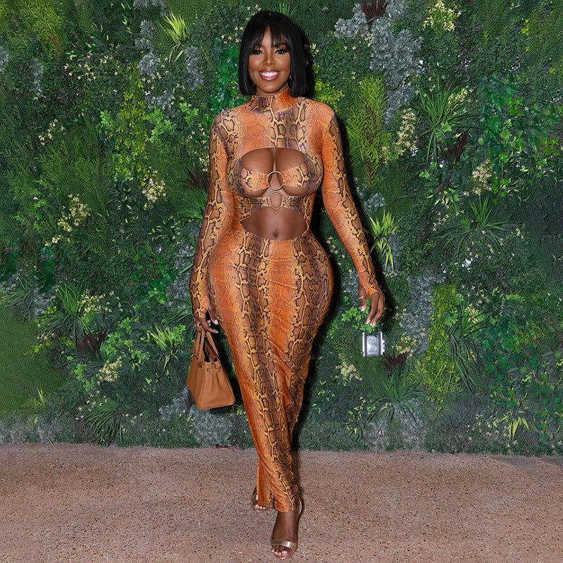 Printed Sexy Figure-hugging Long-sleeve Hollow-out Maxi Dress