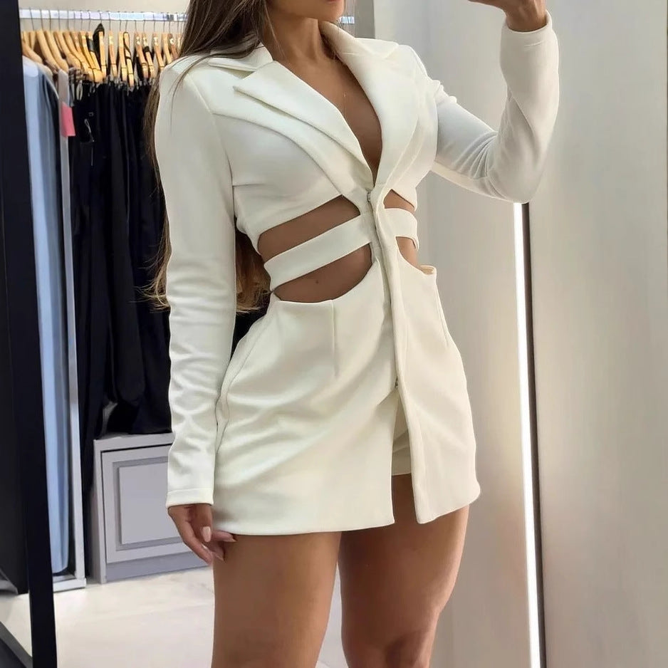 Women's Lapel Long Sleeve Hollow-out Solid Color Mini Dress