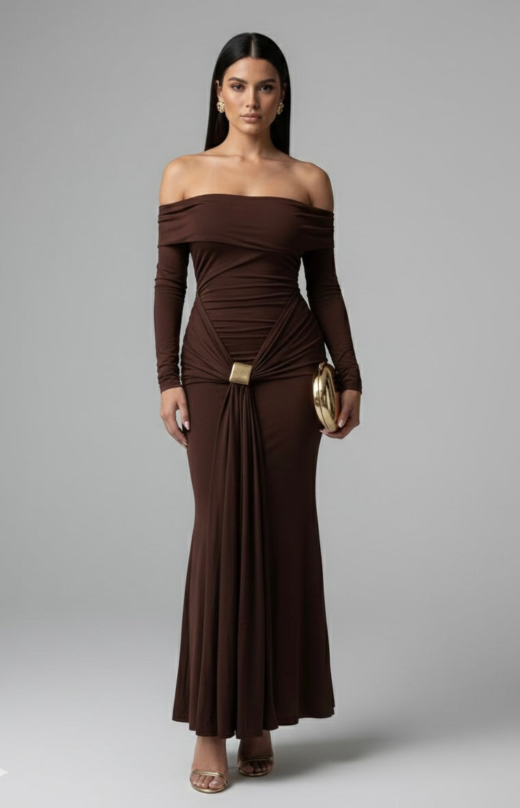 Off-the-shoulder Long-sleeved Maxi Dress