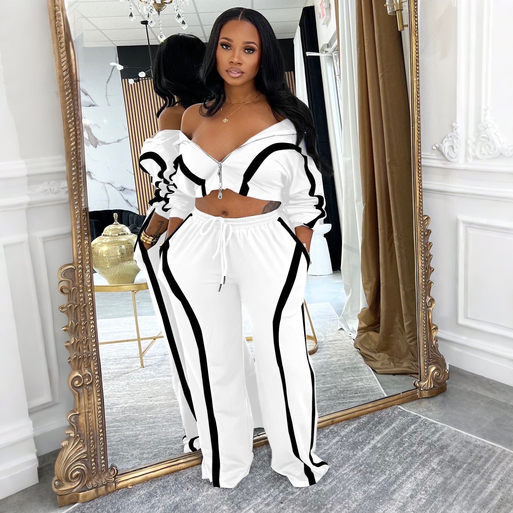 Contrast-color Long-sleeve Cardigan Sports-style Two-piece Set, Fashionable And Casual