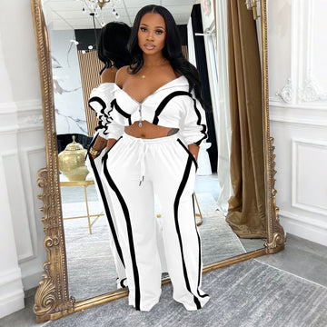 Contrast-color Long-sleeve Cardigan Sports-style Two-piece Set, Fashionable And Casual