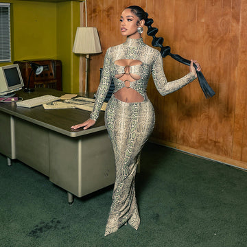 Printed Sexy Figure-hugging Long-sleeve Hollow-out Maxi Dress