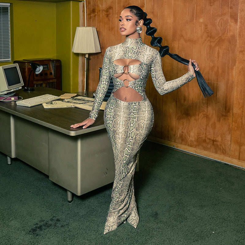 Printed Sexy Figure-hugging Long-sleeve Hollow-out Maxi Dress