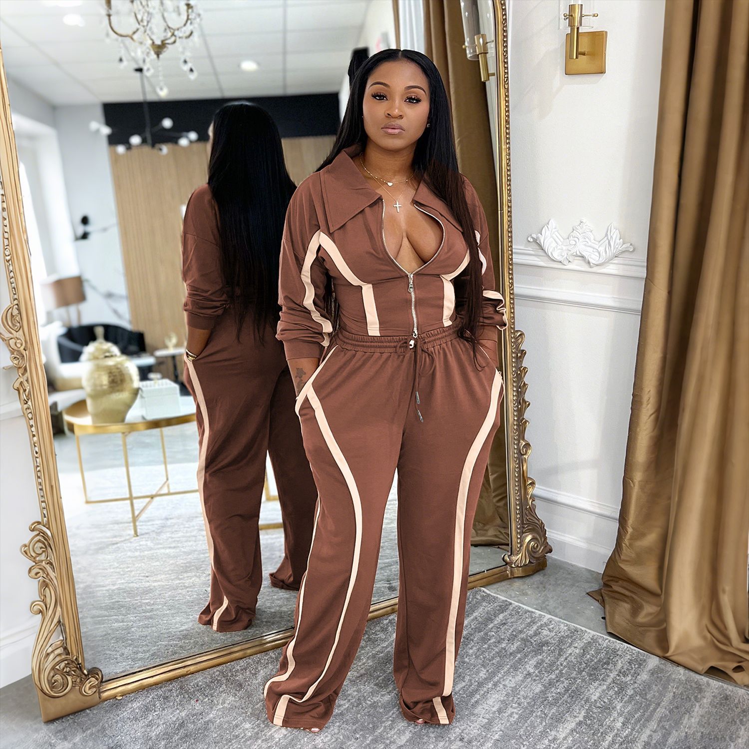 Contrast-color Long-sleeve Cardigan Sports-style Two-piece Set, Fashionable And Casual