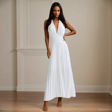 Neck Hanging Sleeveless Pleated Maxi Dress Flattering Backless Gown