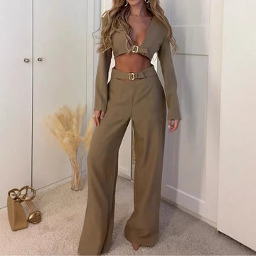 Womens Waist-revealing Straight-leg Pants And Long-sleeve Top Set