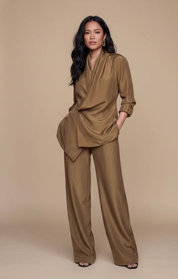 Wrap-style Satin Blouse And Wide-leg Pants Set
