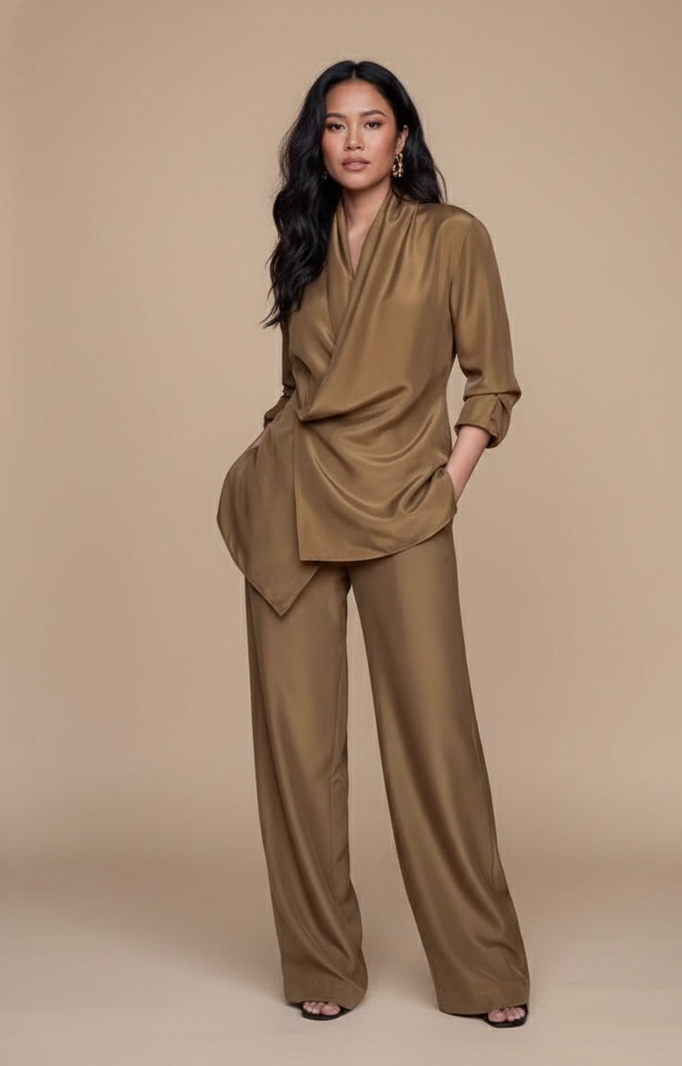 Wrap-style Satin Blouse And Wide-leg Pants Set