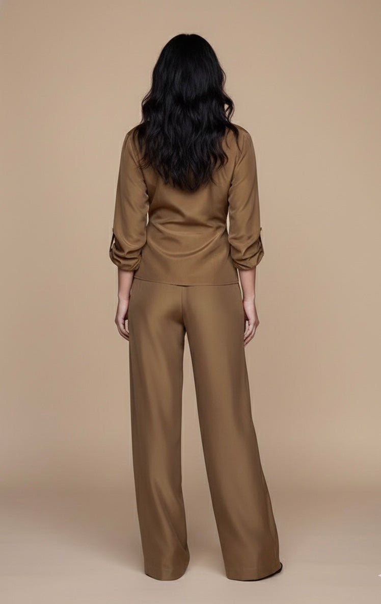 Wrap-style Satin Blouse And Wide-leg Pants Set