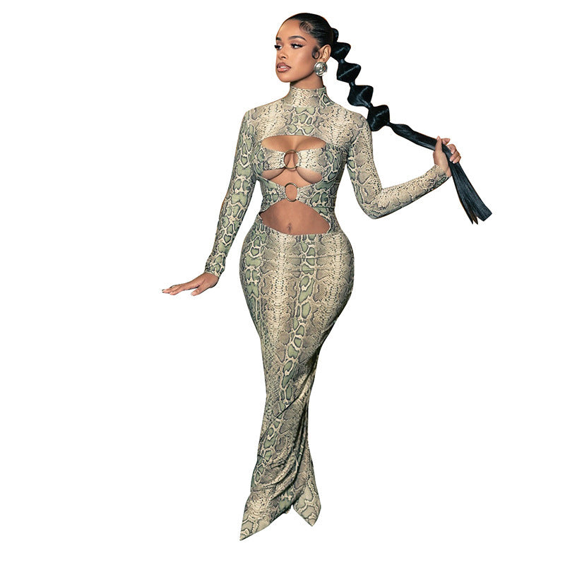 Printed Sexy Figure-hugging Long-sleeve Hollow-out Maxi Dress