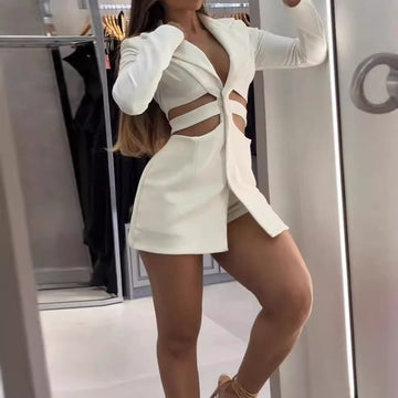 Women's Lapel Long Sleeve Hollow-out Solid Color Mini Dress