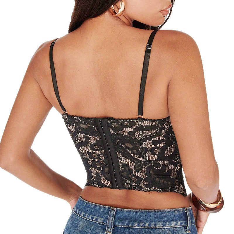 Lace Fishbone Midriff-baring Sheer Spicy Girls Figure-hugging Tank Top